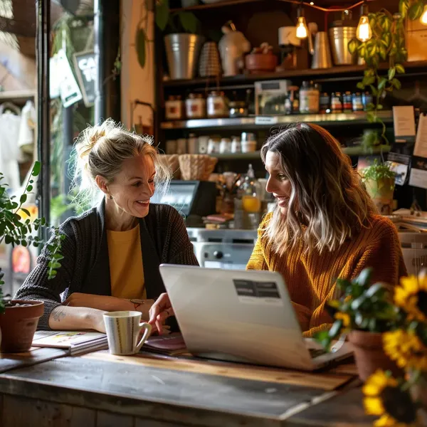 An AI generated image of 2 women chatting while looking at an improved website on an open laptop