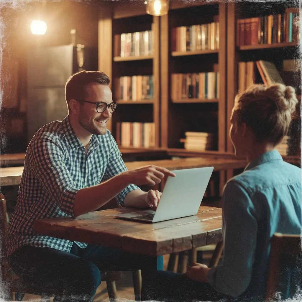A couple sitting at a table, talking over an open laptop
