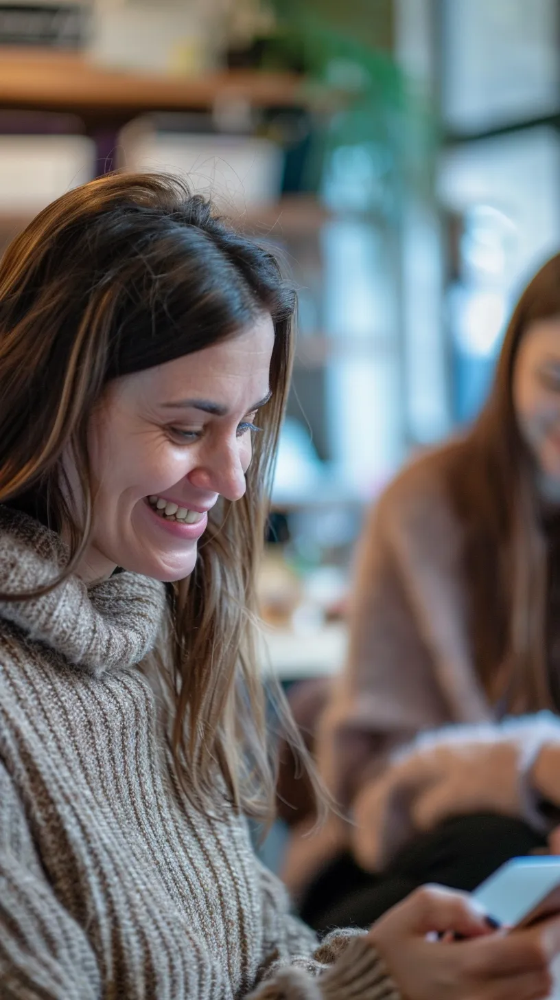 A smiling business woman looking at her website on her phone.