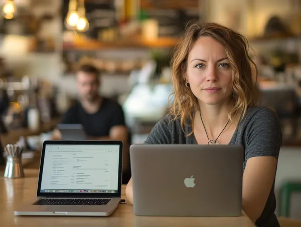 A woman working on a laptop, looking into the camera