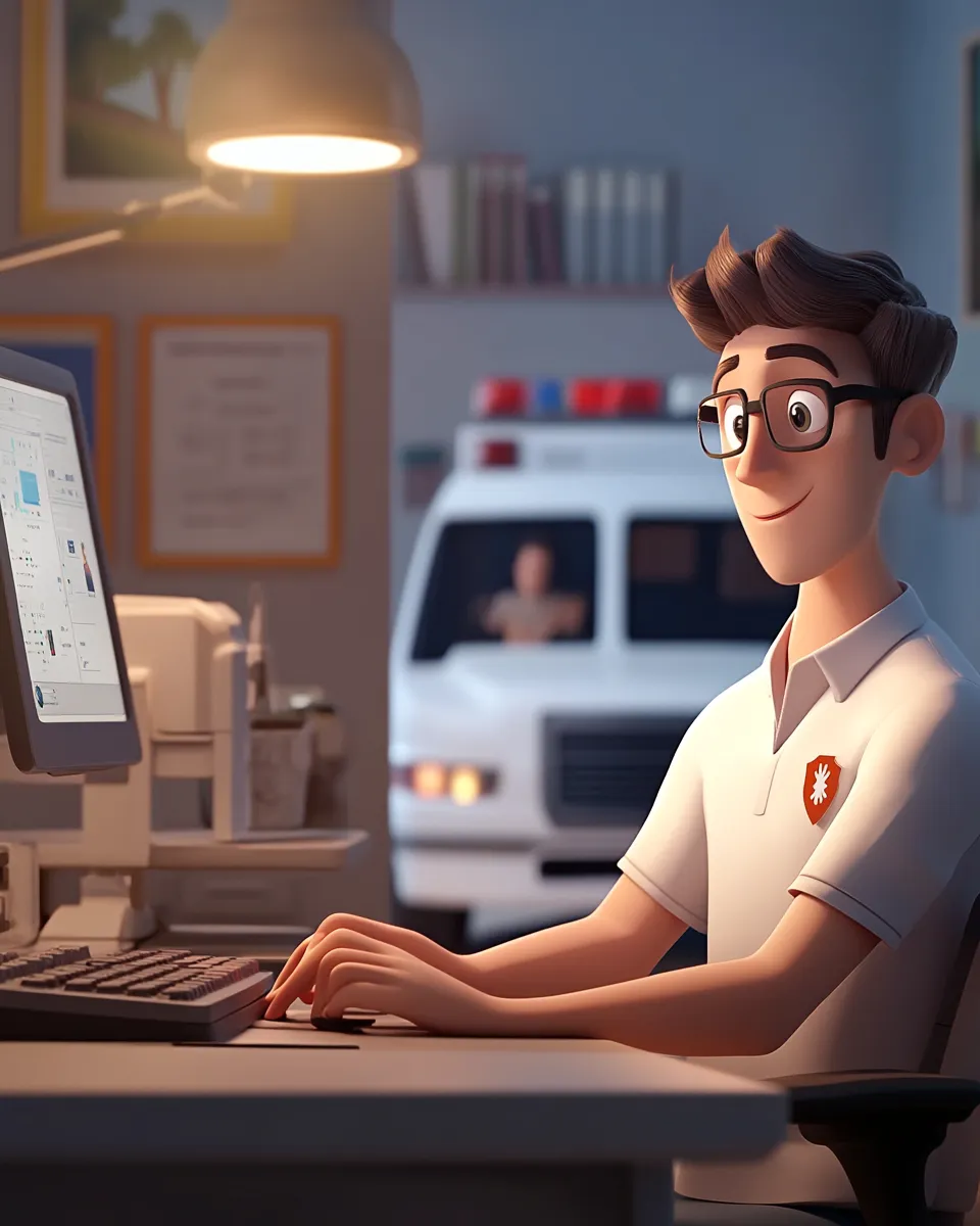 AI generated image of a cartoon web developer sitting at his desk. An ambulance is partially visible behind him.