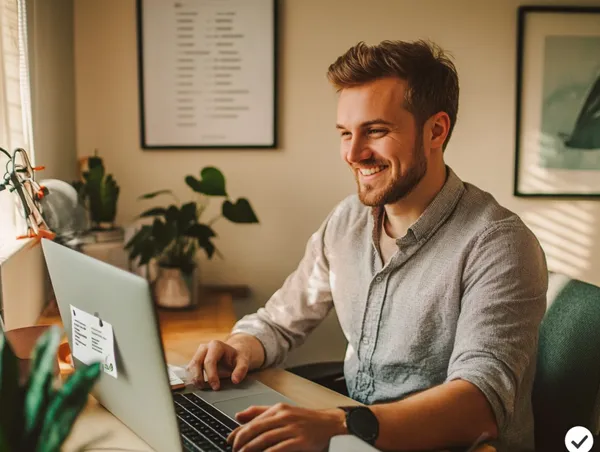 A smiling website developer working at his computer