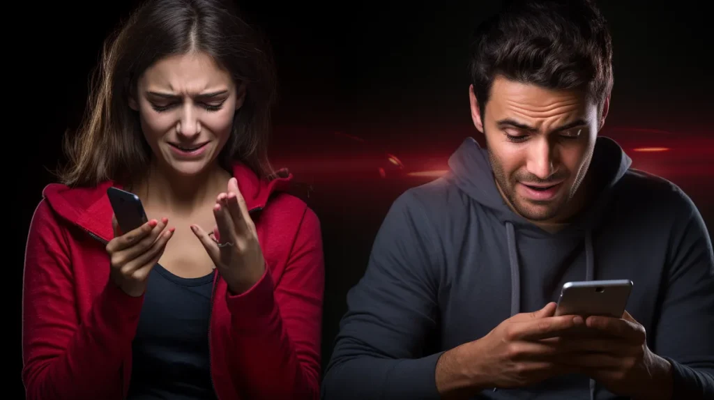AI generated photo of 2 people snarling at their phones.