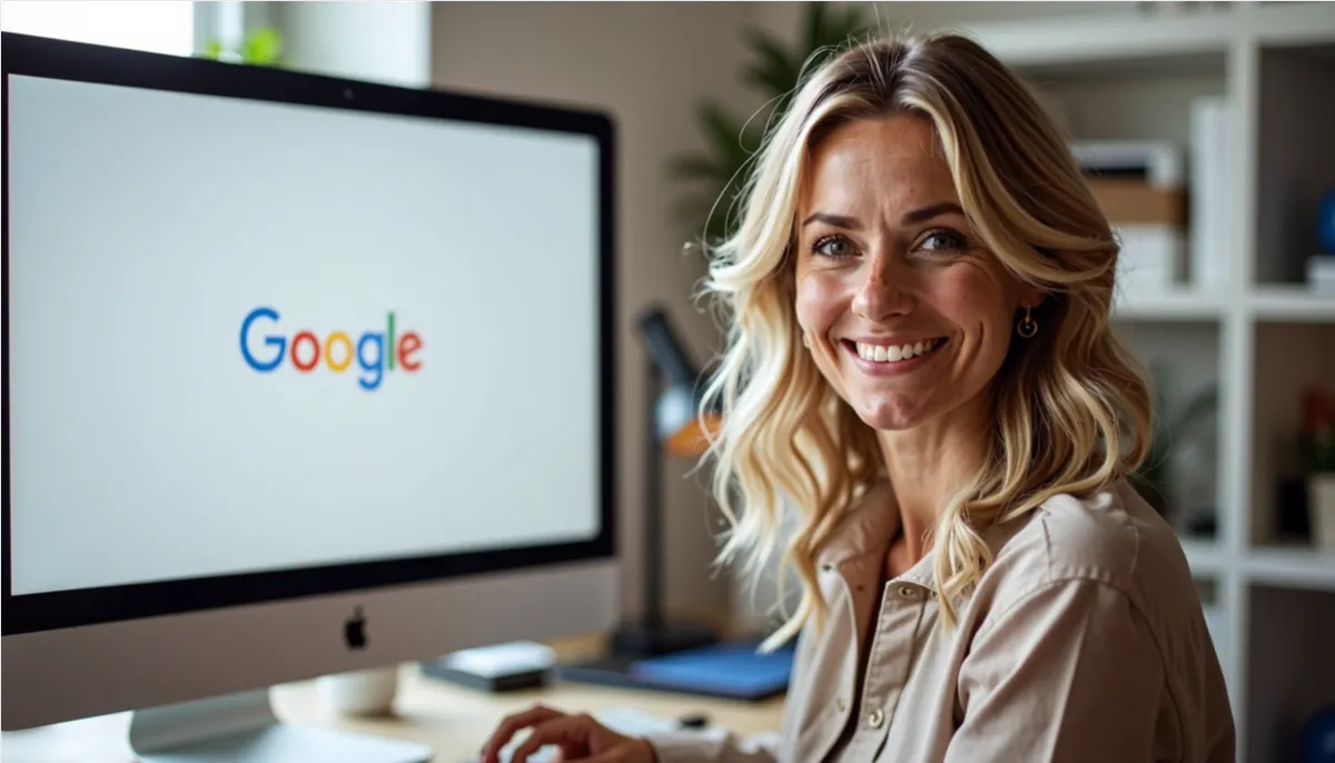 AI generated image of a woman at her computer looking at Google
